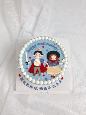 王子和公主手绘纪念日蛋糕-低糖处理无添加
