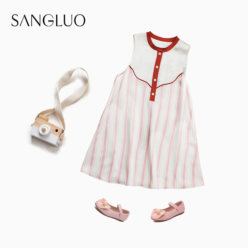 新品|女童真丝粉色竖条纹A字裙SANGLUO桑蚕丝母女亲子装公主裙