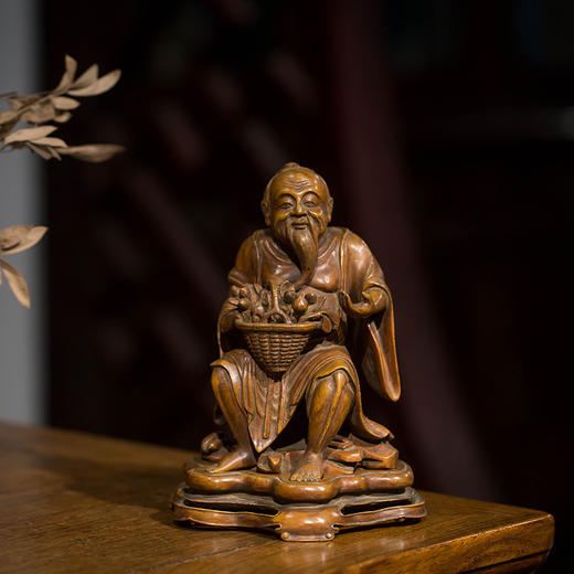 清代 竹雕东方朔山子摆件（红木座） 商品图0