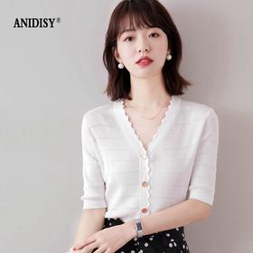 限时特惠239/2件
中短款波浪边V领短袖单排扣冰丝短款修身针织衫