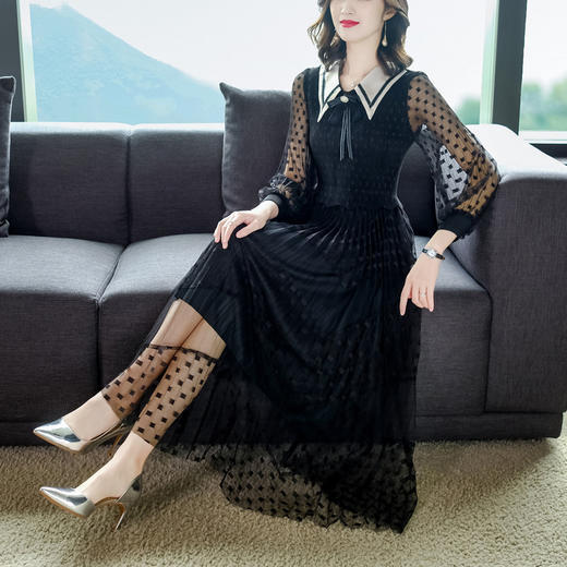 AHM-kln2056 褶皱连衣裙女2021夏季网纱洋气波点气质ol中长款百褶裙A字大摆裙 商品图1