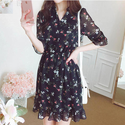 法式桔梗收腰连衣裙很仙的雪纺碎花裙少女小个子仙女裙chic裙春秋 商品图1