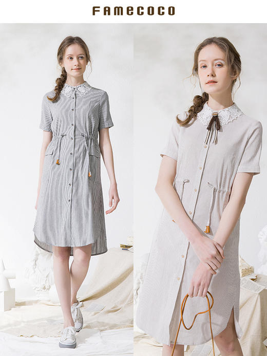 famecoco范可儿夏季连衣裙女棉麻收腰衬衫裙中长款F213FA038 商品图3