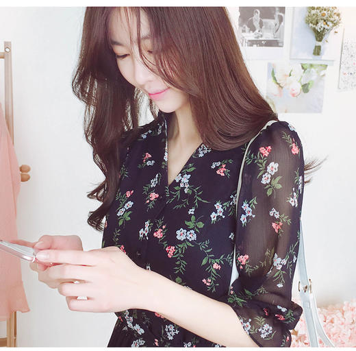 法式桔梗收腰连衣裙很仙的雪纺碎花裙少女小个子仙女裙chic裙春秋 商品图2