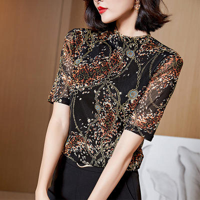 KQL- 515T2320 印花镶钻网纱打底衫内搭女中袖2021夏季新款套头修身小衫T恤 商品图0