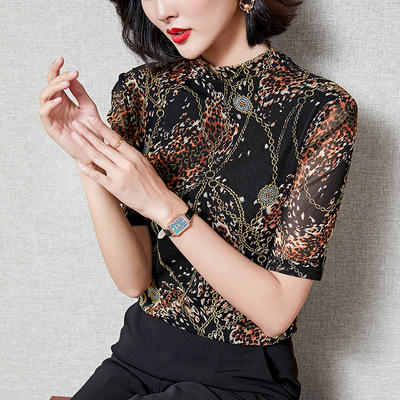 KQL- 515T2320 印花镶钻网纱打底衫内搭女中袖2021夏季新款套头修身小衫T恤 商品图2