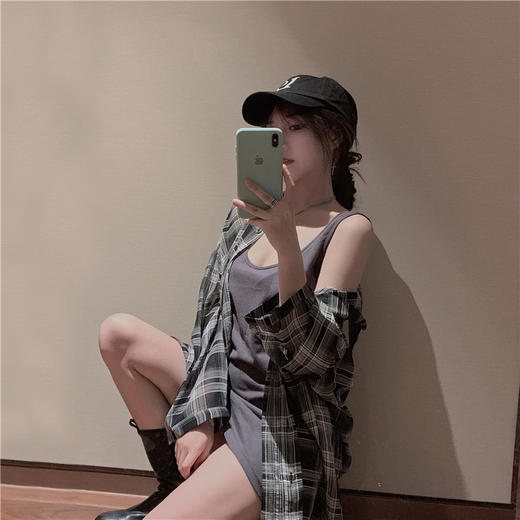 【防晒裙套装】chic风轻薄透气防晒格子衬衣女2021夏季新款防晒衣连衣裙吊带裙 商品图2