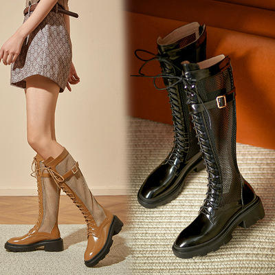 OLD- 965-2 2021前系带长靴高跟镂空网纱棕色复古粗跟显瘦中跟厚底网靴 商品图0