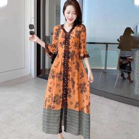 NSM1888 真丝连衣裙2021夏季新款时尚V领喇叭袖定位印花侧口袋桑蚕丝裙子