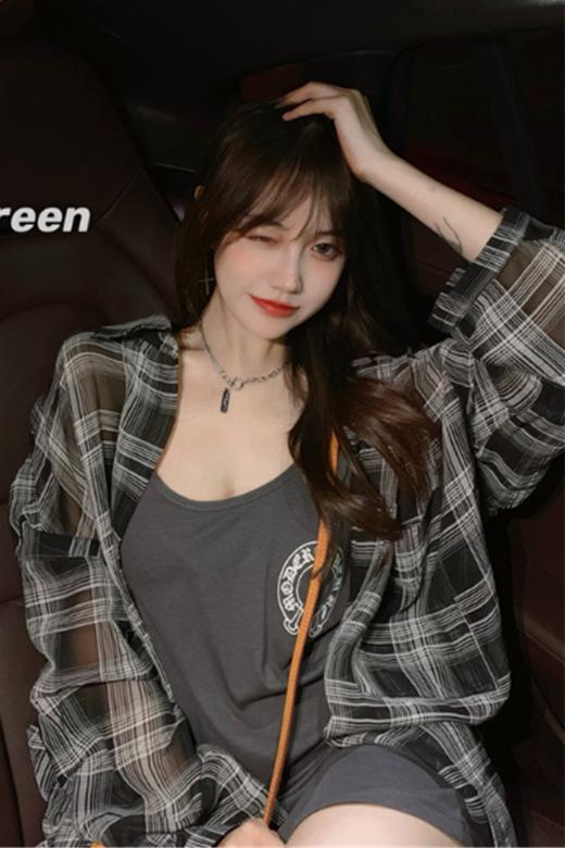 【防晒裙套装】chic风轻薄透气防晒格子衬衣女2021夏季新款防晒衣连衣裙吊带裙 商品图4