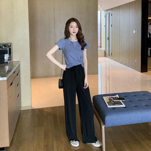 夏季新款亮片网红T恤百搭高腰阔腿长裤休闲两件套少女时尚套装潮 商品图0