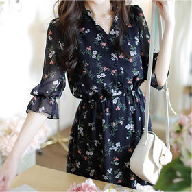 法式桔梗收腰连衣裙很仙的雪纺碎花裙少女小个子仙女裙chic裙春秋