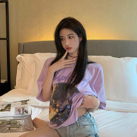 6535棉 夏季紫色系衣服女学生原宿风T恤潮宽松遮肚子短袖上衣