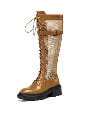 OLD- 965-2 2021前系带长靴高跟镂空网纱棕色复古粗跟显瘦中跟厚底网靴 商品图3