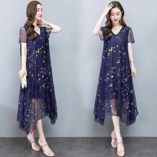 LJY2052 2021夏季新品韩版雪纺印花气质优雅中长款连衣裙 商品图0