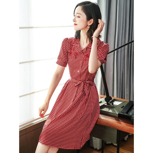 上海旗袍厂ASE-L8891 时尚格子系带真丝连衣裙 商品图2