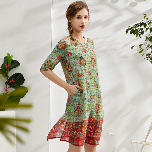 丁摩 苎麻印花V领连衣裙ZF001 商品图2