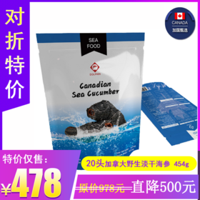 20头开口海参！加拿大野生淡干海参 454g/袋（20-25头等级） 4A级开口参