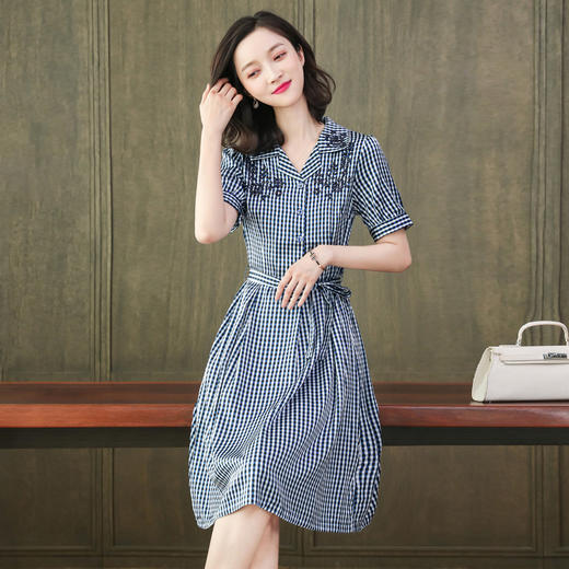 上海旗袍厂ASE-L8891 时尚格子系带真丝连衣裙 商品图1