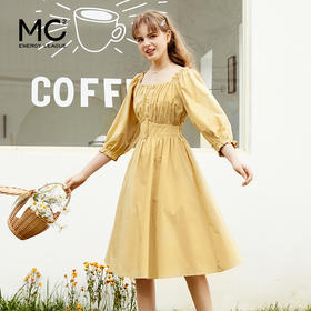 【新品】2021年夏季新款法式气质方领泡泡袖连衣裙中长款超仙气温柔风长裙