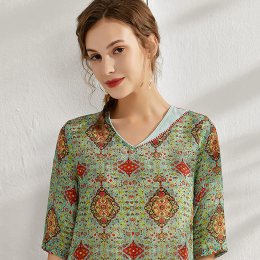 丁摩 苎麻印花V领连衣裙ZF001 商品图4