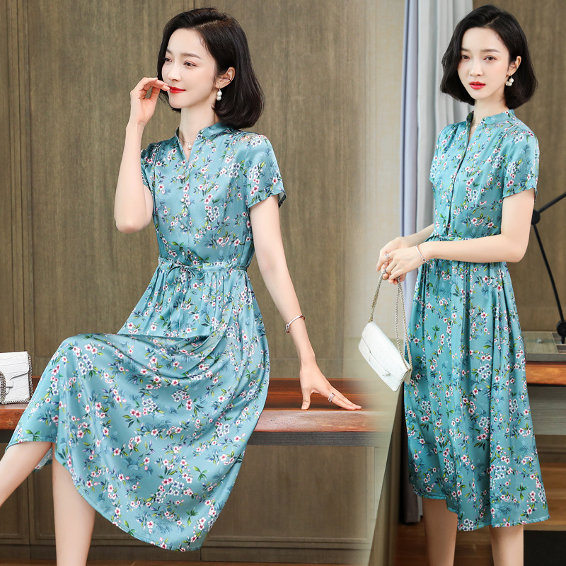 上海旗袍厂ASE-9107气质印花真丝连衣裙