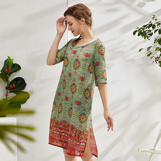 丁摩 苎麻印花V领连衣裙ZF001 商品图1