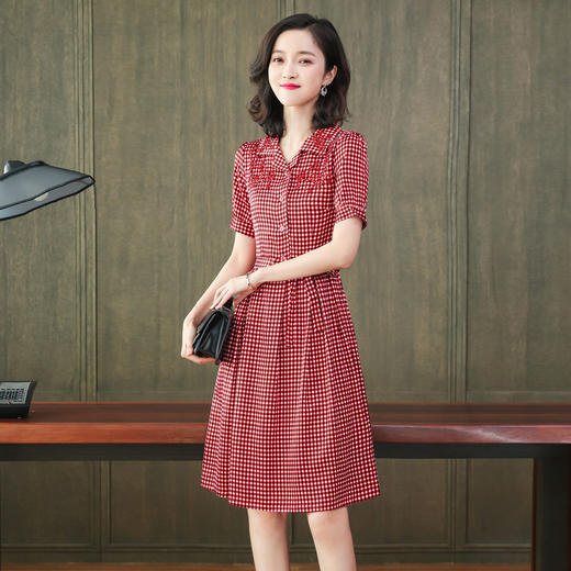 上海旗袍厂ASE-L8891 时尚格子系带真丝连衣裙 商品图0
