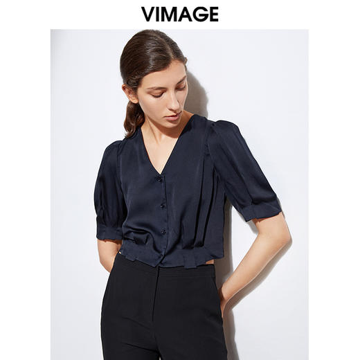 VIMAGE纬漫纪女装夏季新品V领短袖宽松休闲小上衣短款薄V1503118 商品图2