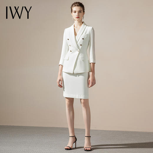 IWY/白色高级感七分袖正装套装V领西装套裙职业装工作服女气质CS1246-W 商品图2