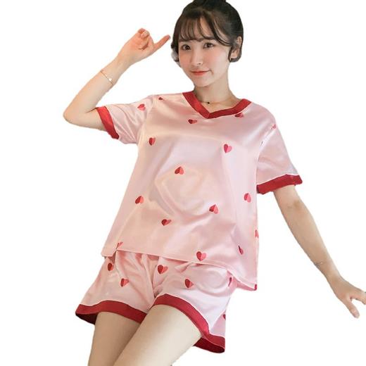 新款女神级冰丝睡衣女士夏季可爱甜美少女粉色V领仿真丝绸学生潮家居服套装 商品图4