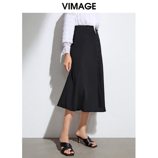 VIMAGE纬漫纪优雅气质百搭半身裙中长款裙子夏VA2106113半裙 商品图2