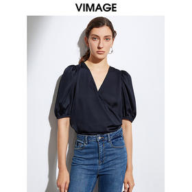 VIMAGE纬漫纪品牌女装休闲百搭V领衬衫纯色小上衣V1513108
