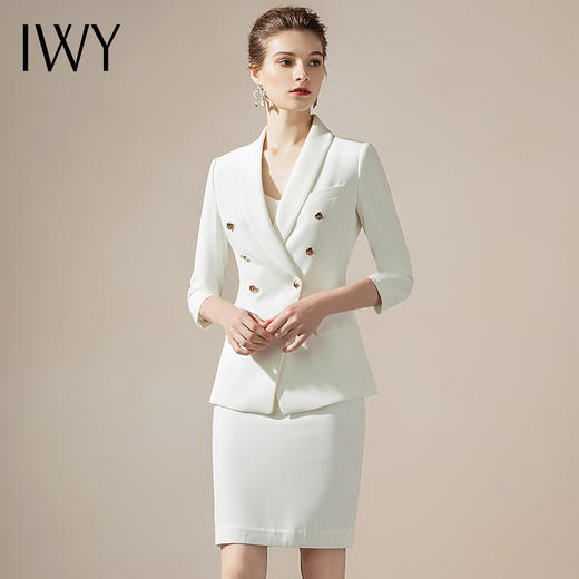 IWY/白色高级感七分袖正装套装V领西装套裙职业装工作服女气质CS1246-W 商品图4
