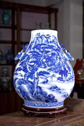 柴窑青花山水双耳福筒