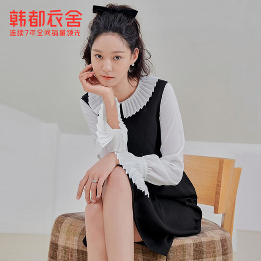 韩都衣舍冬季新款女装韩版设计感假两件拼接A字连衣裙PT9809 商品图0
