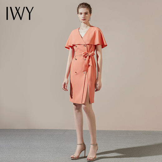 IWY/橘色绑带双排扣名媛披肩连衣裙收腰职业裙装气质女神范装工作服212002Q1 商品图3