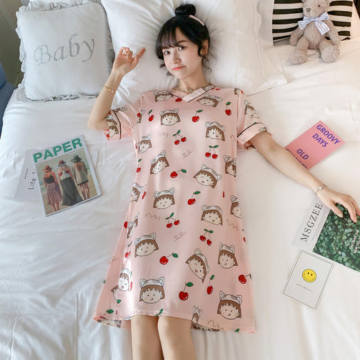新款女神睡裙女夏季冰丝薄款可爱卡通短袖睡衣真丝绸性感学生大码家居服 商品图3