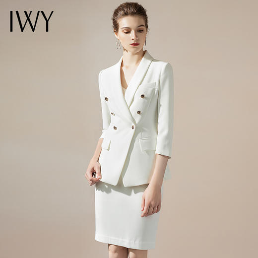 IWY/白色高级感七分袖正装套装V领西装套裙职业装工作服女气质CS1246-W 商品图0