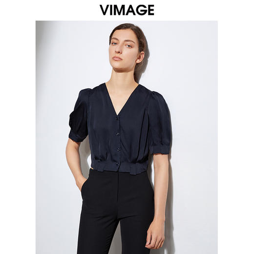 VIMAGE纬漫纪女装夏季新品V领短袖宽松休闲小上衣短款薄V1503118 商品图0