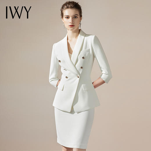 IWY/白色高级感七分袖正装套装V领西装套裙职业装工作服女气质CS1246-W 商品图1
