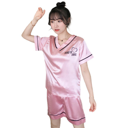 睡衣女夏仿真丝V领短袖两件套装学生甜美可爱韩版冰丝绸家居服女 商品图4