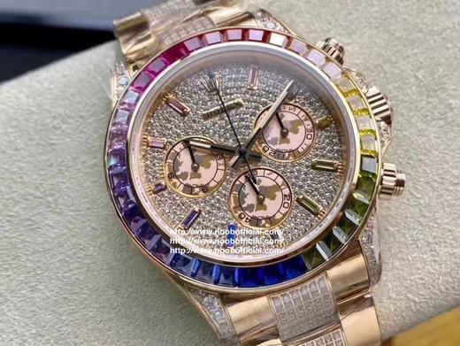 noob劳力士 蚝式恒动宇宙计型 迪通拿 满钻 彩虹迪腕表，神秘且熠熠生辉为这款经典赛车计时带来独具创意的崭新面貌，华丽夺目的外圈以36颗梯形钻石代替经典的测速计时圈 商品图11