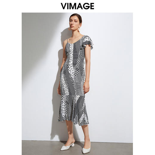 VIMAGE纬漫纪夏季优雅斜肩吊带鱼尾裙摆显瘦连衣裙VB2107144连衣裙 商品图1