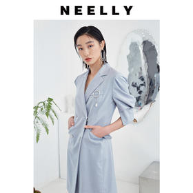 NEELLY/纳俪气质女团风西装领泡泡袖收腰显瘦双排扣A字短裙连衣裙