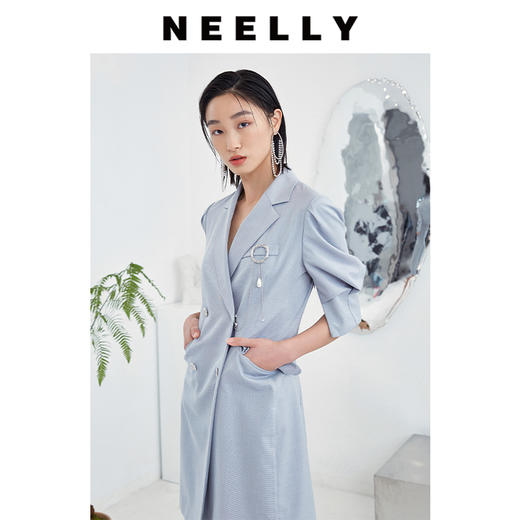 NEELLY/纳俪气质女团风西装领泡泡袖收腰显瘦双排扣A字短裙连衣裙 商品图0
