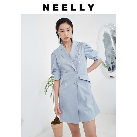 NEELLY/纳俪气质女团风西装领泡泡袖收腰显瘦双排扣A字短裙连衣裙 商品图1