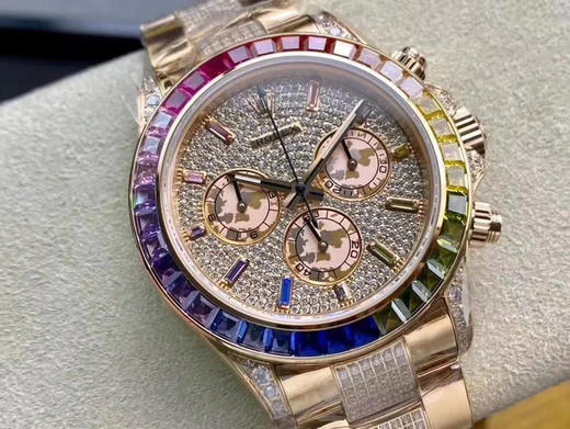 noob劳力士 蚝式恒动宇宙计型 迪通拿 满钻 彩虹迪腕表，神秘且熠熠生辉为这款经典赛车计时带来独具创意的崭新面貌，华丽夺目的外圈以36颗梯形钻石代替经典的测速计时圈 商品图13