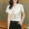 时尚圆领短袖，桑蚕丝小鹿印花白色上衣HR-WX21709 商品缩略图0