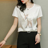 时尚圆领短袖，桑蚕丝小鹿印花白色上衣HR-WX21709 商品缩略图1